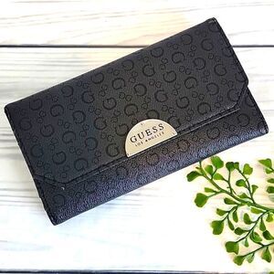 Guess trifold wallet clutch logo print in slate grey & black